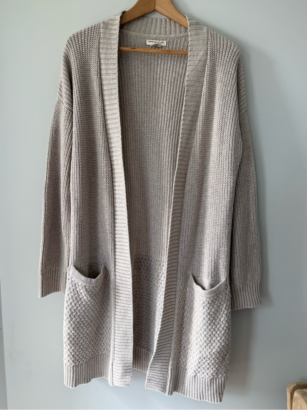 (L) Christian Siriano Light Taupe Open-Front Knit Cardigan